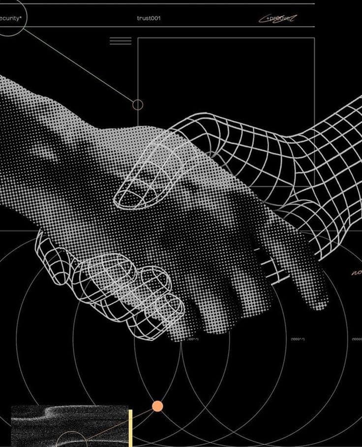 Illustration of a secure digital handshake, representing encrypted, trusted data handling